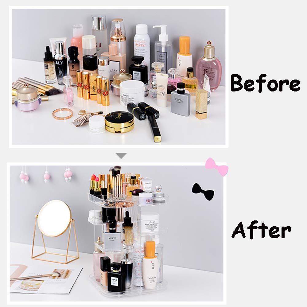 Makeup Organizer,Clear Transparent, Large Cosmetic Frame Storage Box,360 Degree Rotating Adjustable Cosmetic Storage Display Case,Fits Jewelry,Makeup Brushes, Lipsticks and More