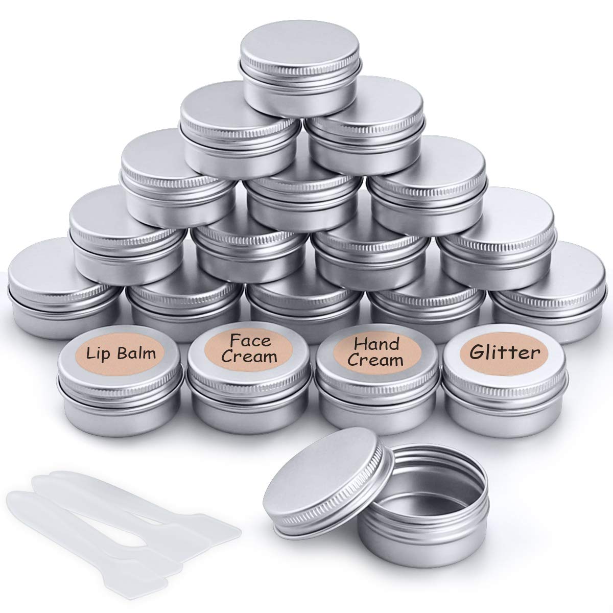 20pcs Empty Cosmetics Container Pots Aluminium Tin Jars with Screw Lids, Labels and Mini Spatula for Cream, Sample, Powder, Makeup Storage (20ml)