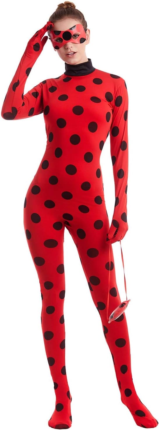 FMYFWY Women Adults Ladybug Fancy Party Dress Up Outfits Carnival Costume Christmas Halloween Cosplay Tight Coverall Overall Costume, Red Jumpsuit, Eye Mask, Yo-Yo Bag