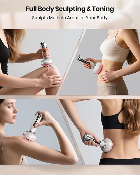 4-IN-1 LYMPHATIC DRAINAGE MASSAGER & ANTI CELLULITE MASSAGE TOOL, BODY SCULPTING MASSAGER FOR LEGS, ARMS & BELLY, REDUCE CELLULITE, STRETCH MARKS WITH HEAT, LIGHT & VIBRATION, PEARL WHITE