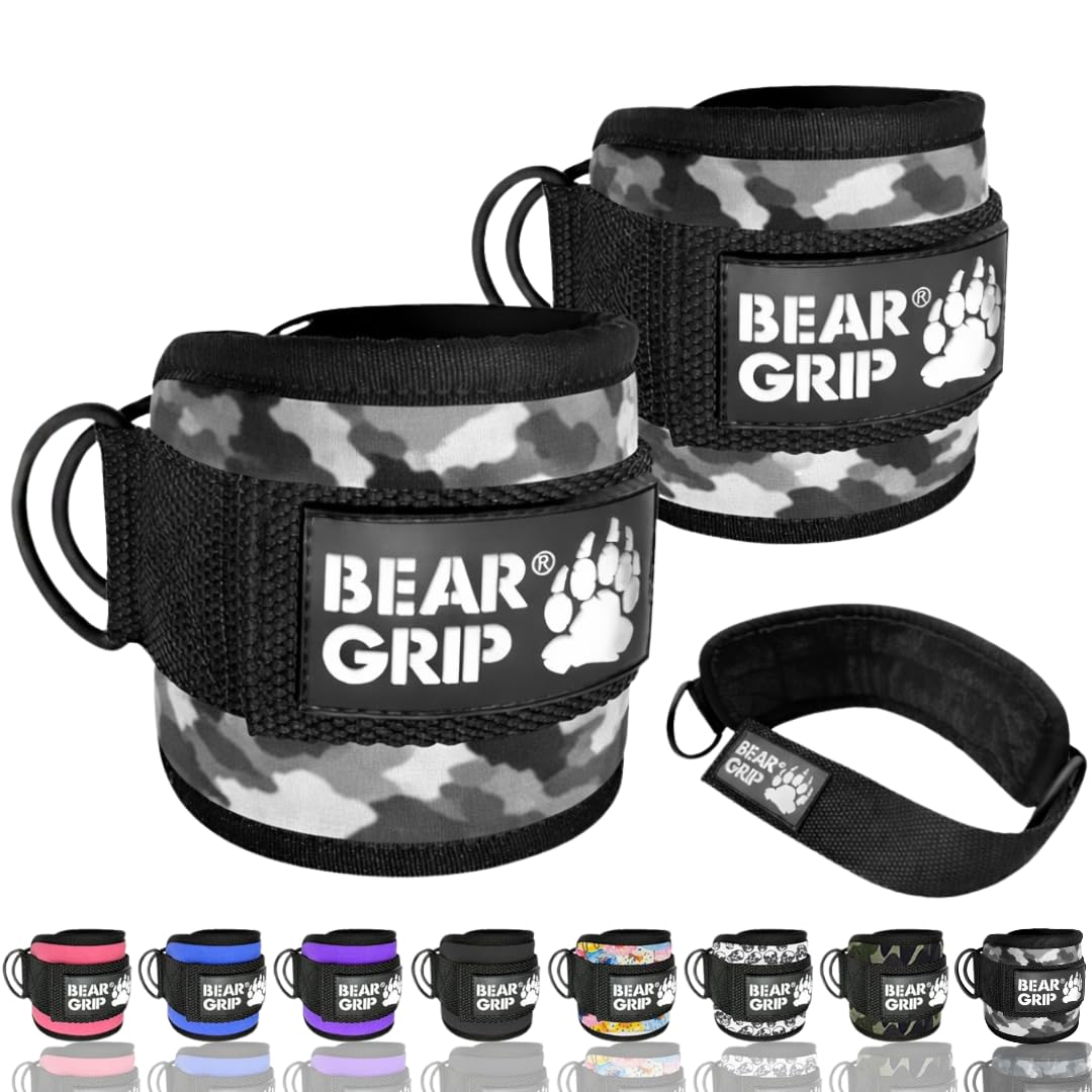 BEAR GRIP - Ankle Straps for Cables with New Fleece Design - Strong Closure, Double Stainless Steel D-Ring, Adjustable Neoprene - For Men & Women (Camo Snow - Pair)
