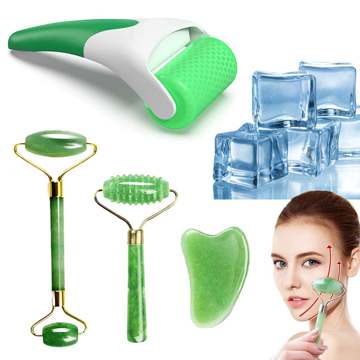 FIGHTART 4 in 1 Face Ice Roller Jade Roller Facial Rollers Gua Sha Set for Under Puffiness Cooling Eye Massager