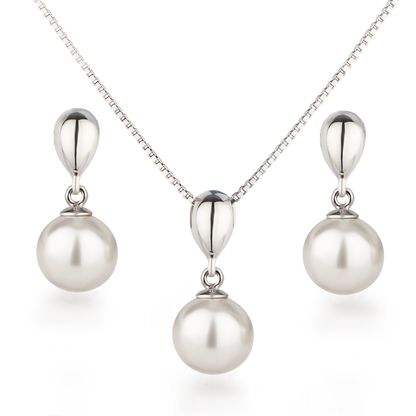 Schöner SD, Shiny Jewellery Set with 10 mm Pearl Earrings & Necklace with Pendant, 925 Silver Rhodium White