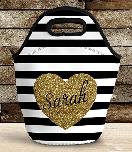 Insulated Lunch Bag for Women Insulated and Fashionable Stripes with Personalized Gold Glitter Heart
