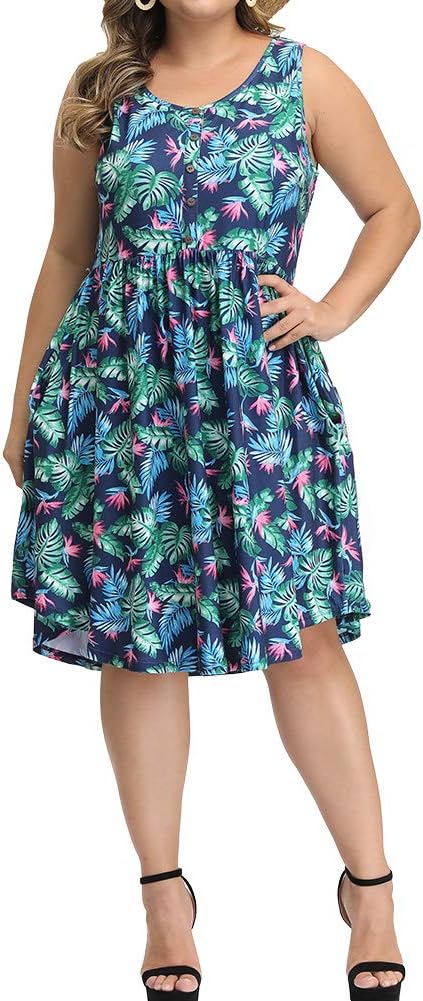 Women's Plus Size Sleeveless Midi Dress Casual Flowy Button Up Summer V Neck Pleated Dresses