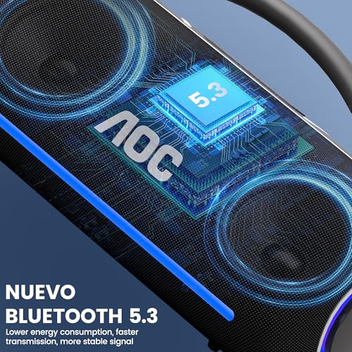AOC ACS6311 Bocina Bluetooth Portatil 80W, Varias Luces RGB, Bluetooth 5.3 Altavoz Inalámbrico, Sonido Estéreo HD, 4000Mah Tiempo de Espera Ultralargo IPX5 función, Ideal para Viajar, Campear, Negro