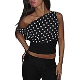 Women Y2k Off Shoulder Tops Sleeveless Tie Back Polka Dot Floral Print Slim Fit Going Out Tank Crop Tops Streetwear
