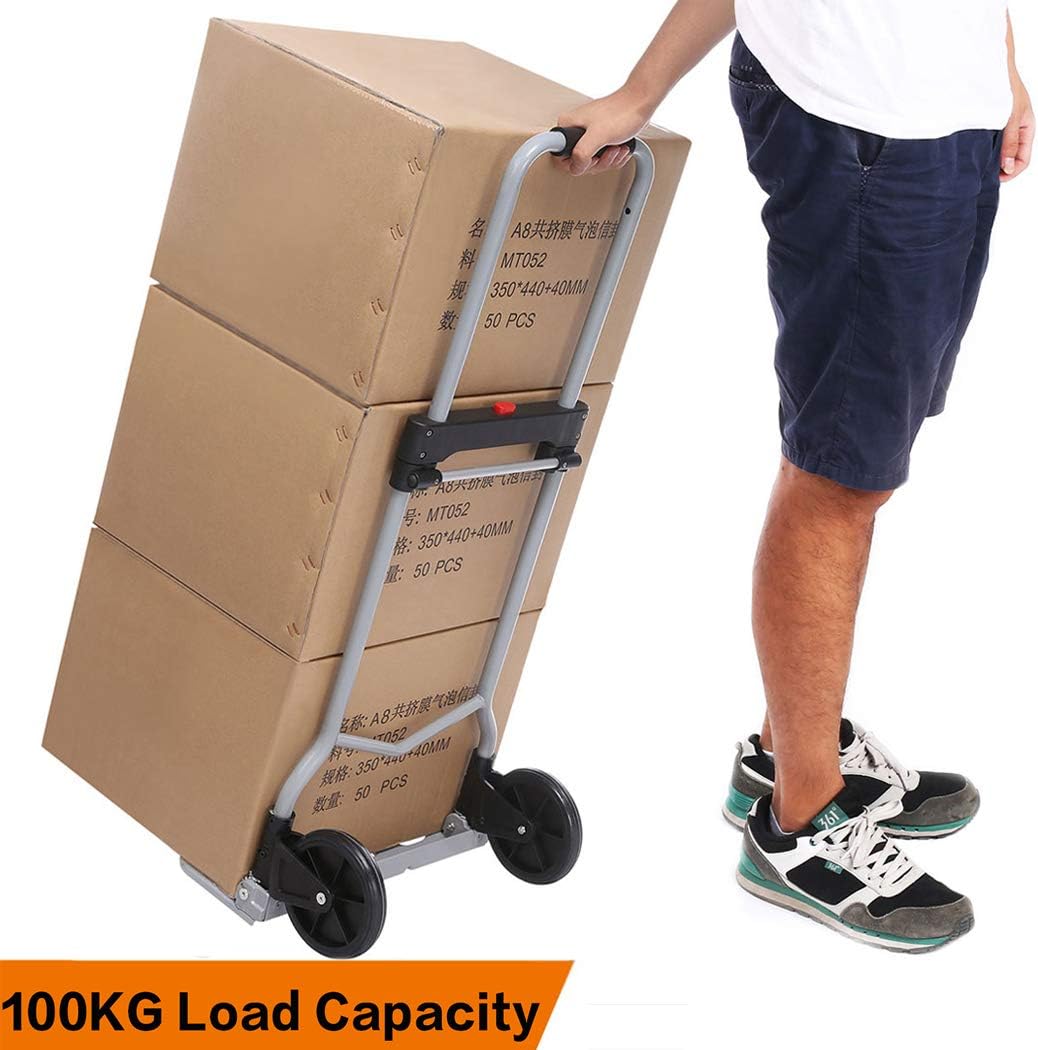 Simlive Folding Hand Truck Aluminium 100kg/220lbs Heavy Duty Hand Sack Trolley with 2 Wheels for Indoor Outdoor Travel Shopping Use (Silver)