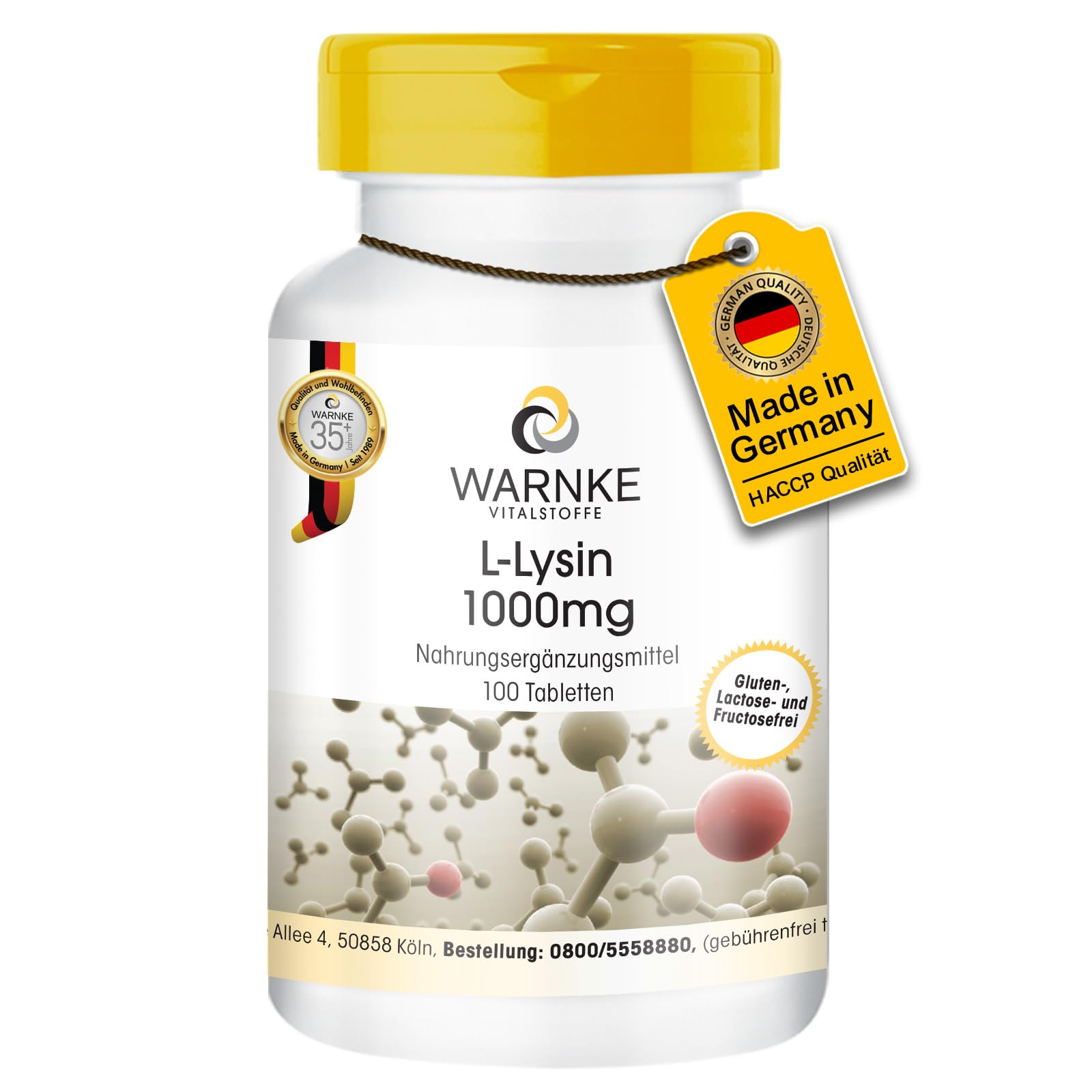 Lysine Tablets - 1000mg - Vegan - 100 Tablets - Amino Acid | Warnke Vitalstoffe - German Pharmacy Quality