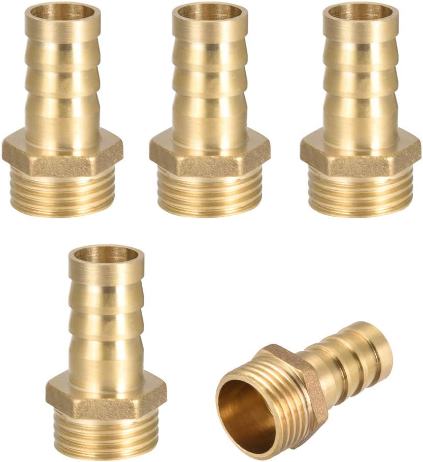 sourcing map Brass Hose Barb Fitting,Connector,14mm Barb x 1/2 PT Male Pipe Adapter,5Pcs, Gold, 14mm x 1/2 PT