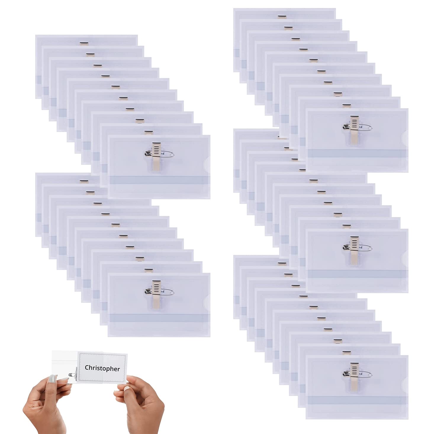 Rifrpha 50 PCS Name Badges with Clip and Pin Plastic ID Name Badge Horizontal ID Holders with Crocodile Clip, Safety Pin & Blank Card Insert Sheets for School, Colleges, Offices, Corporate Event