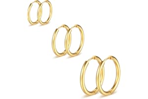 PICKBEAU 3 Pair Small Gold Hoop Earrings for Women | 14K Real Gold Plated Small Huggie Hoop Earrings Sets Ear Cuff Cartilage Piercings Jewelry Pack Earscape Set for Women 8mm 10mm 12mm