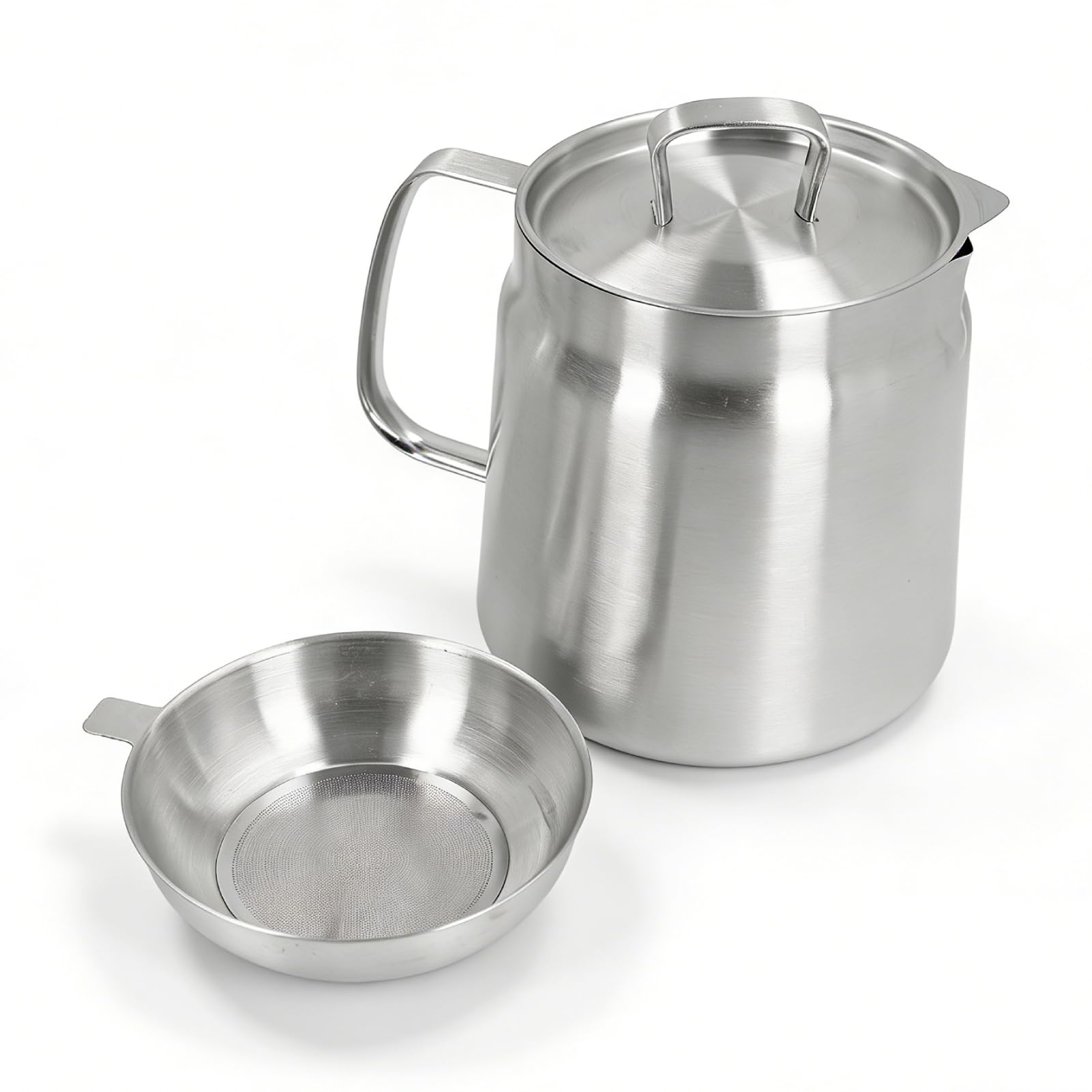 Stainless Steel Large Capacity Oil Fryer, Oil Filter Pot, Oil Pot with Strainer, Residue Separator Ergonomic Handle Large Capacity Oil Separation Bottle (2L)