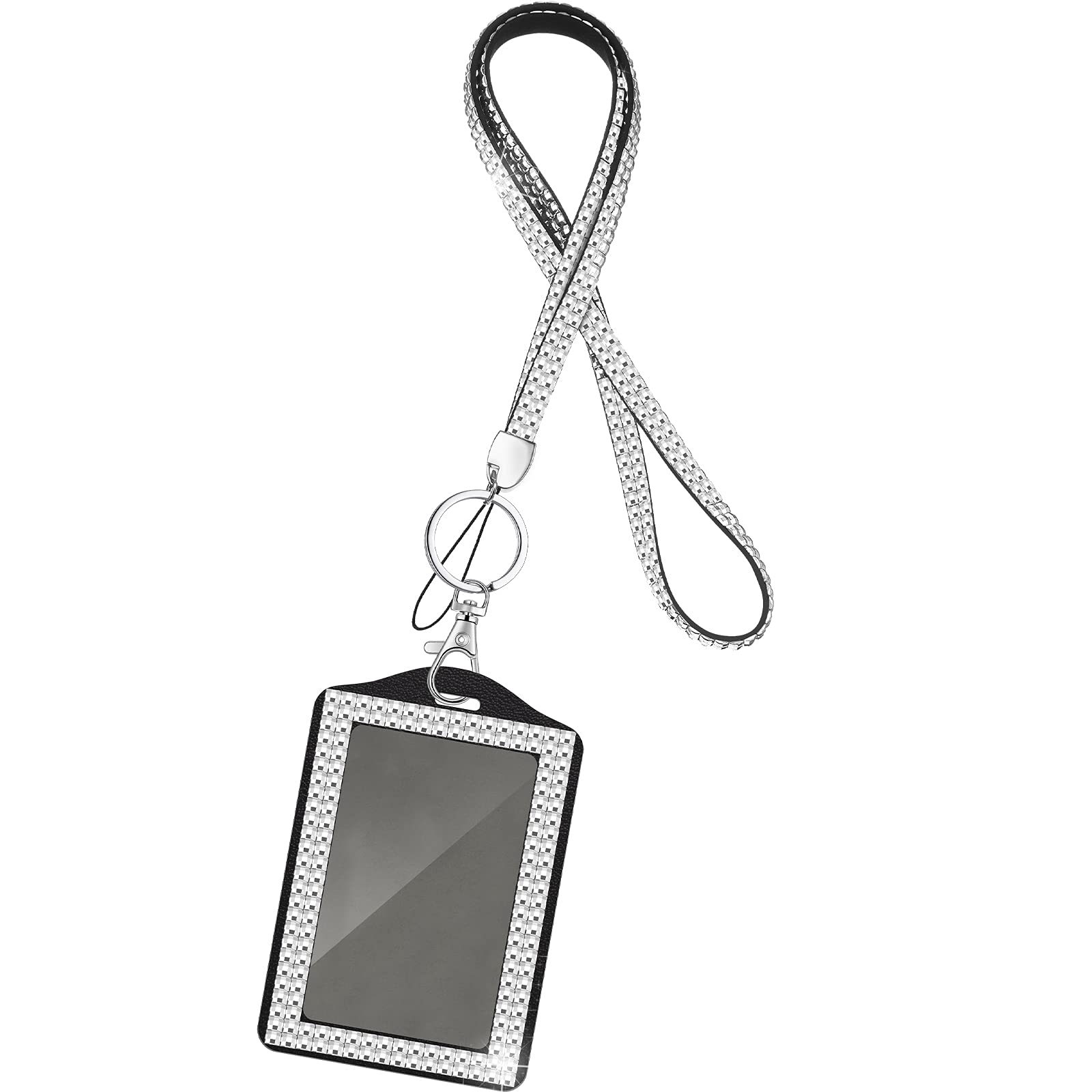 Crystal Lanyard Necklace with Card Holder for Women School Office Silver Bling Diamante Lanyard and Neck Strap Badge Holders for Keys ID Badge Keyring Festival