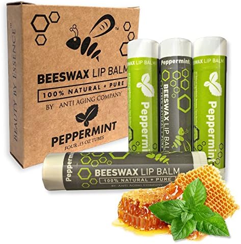 Anti Aging Company Lip Balm Soothing &amp; Refreshing Peppermint Flavor Top Rated Natural Beeswax Lip Care Moisturizer to Repair Dry &amp; Chapped Lips, 4 Pack
