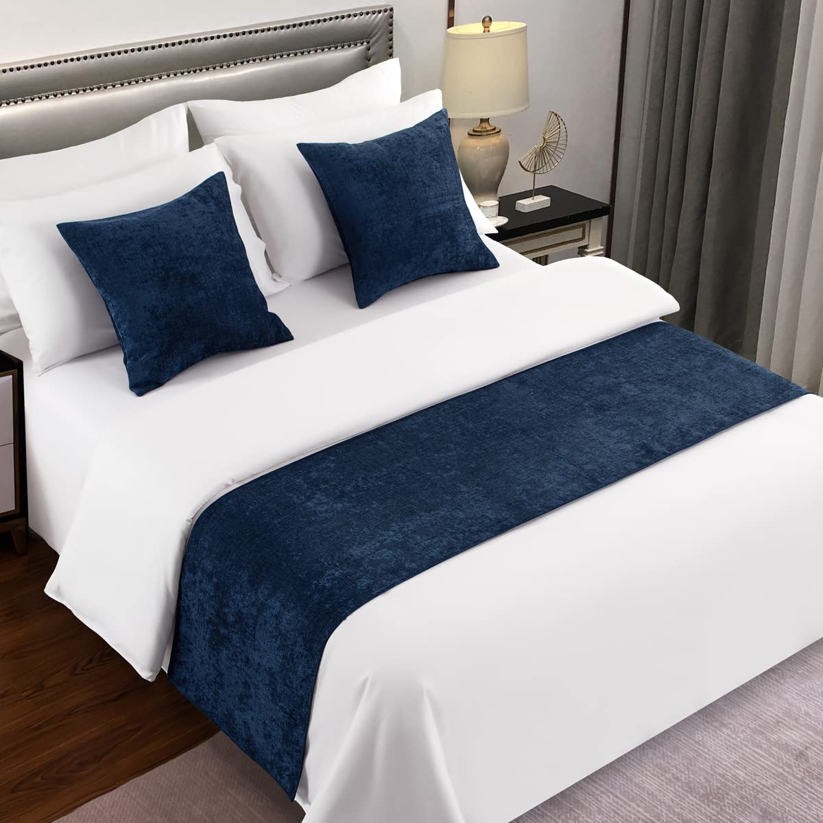 AMBERIS Bed Runner Dark Blue, Chenille Soft No Fading Modern Bed Scarf (Pillowcases sold separately)