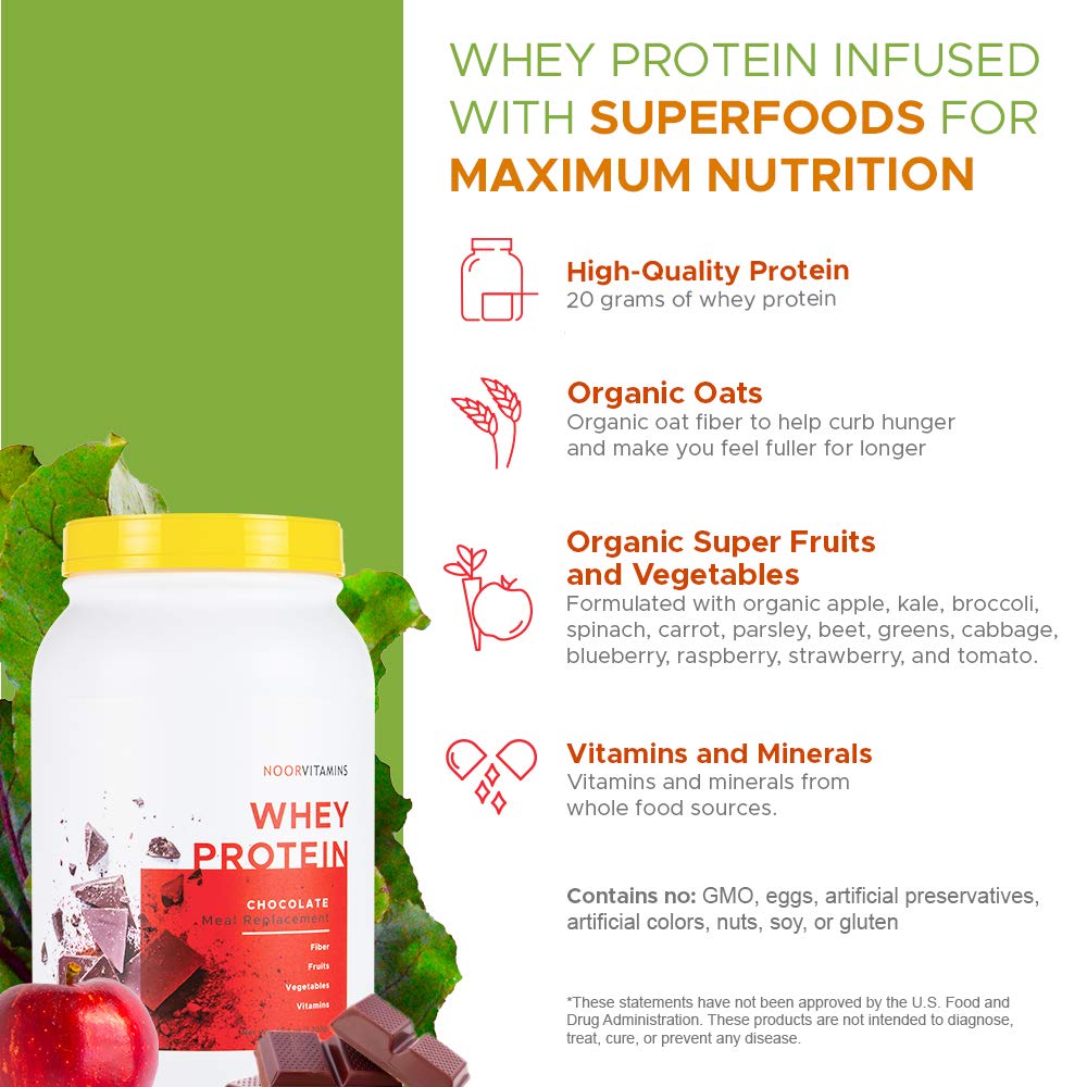 NoorVitamins Pure Whey Protein Powder, Chocolate Flavor - Preservative, GMO & Gluten Free - Infused w/ Superfoods & Natural Vitamins - Support Muscle Recovery & Curb Hunger - Halal (30 Servings) 2lbs