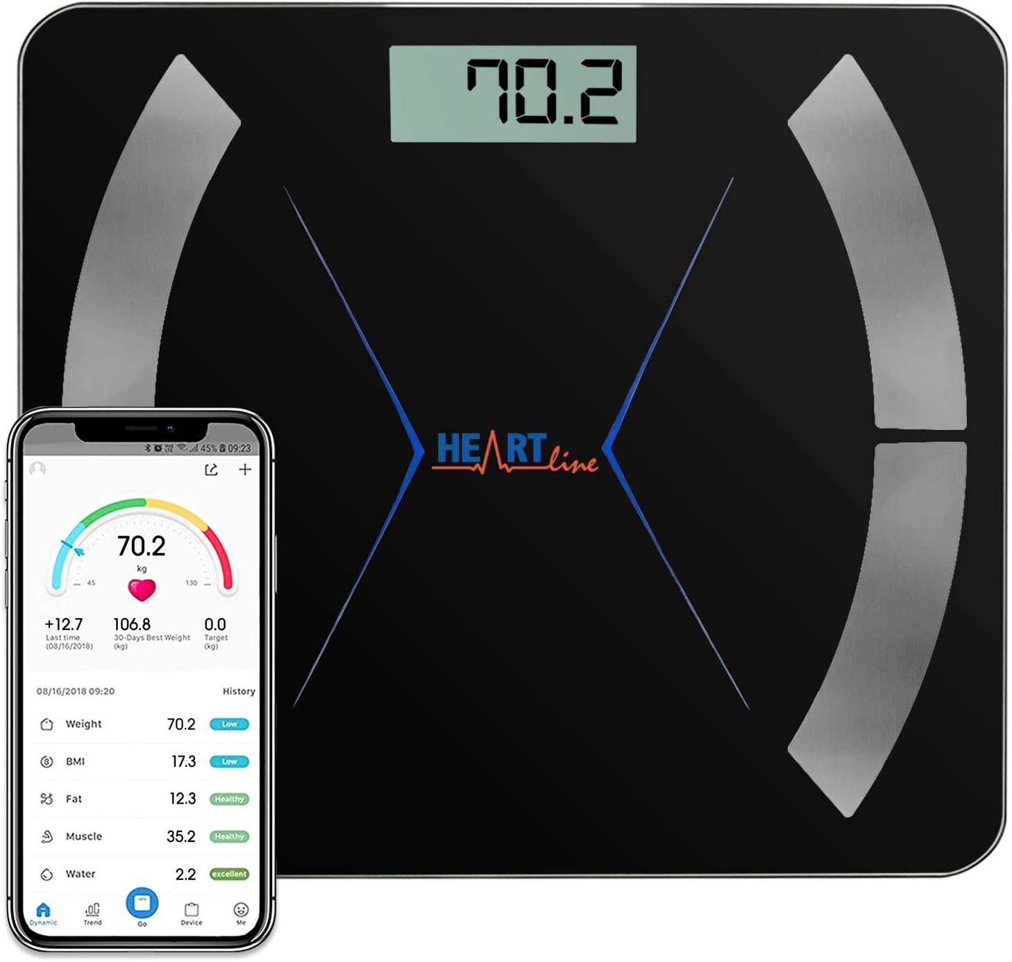Heartline Smart Bathroom Scales Black Precision Bluetooth Weighing Scales iOS & Android, Weighing Scales Body, Body Fat Digital Scales, 28st/180kg/400lb, Slim Design, Google Fit, Apple Health