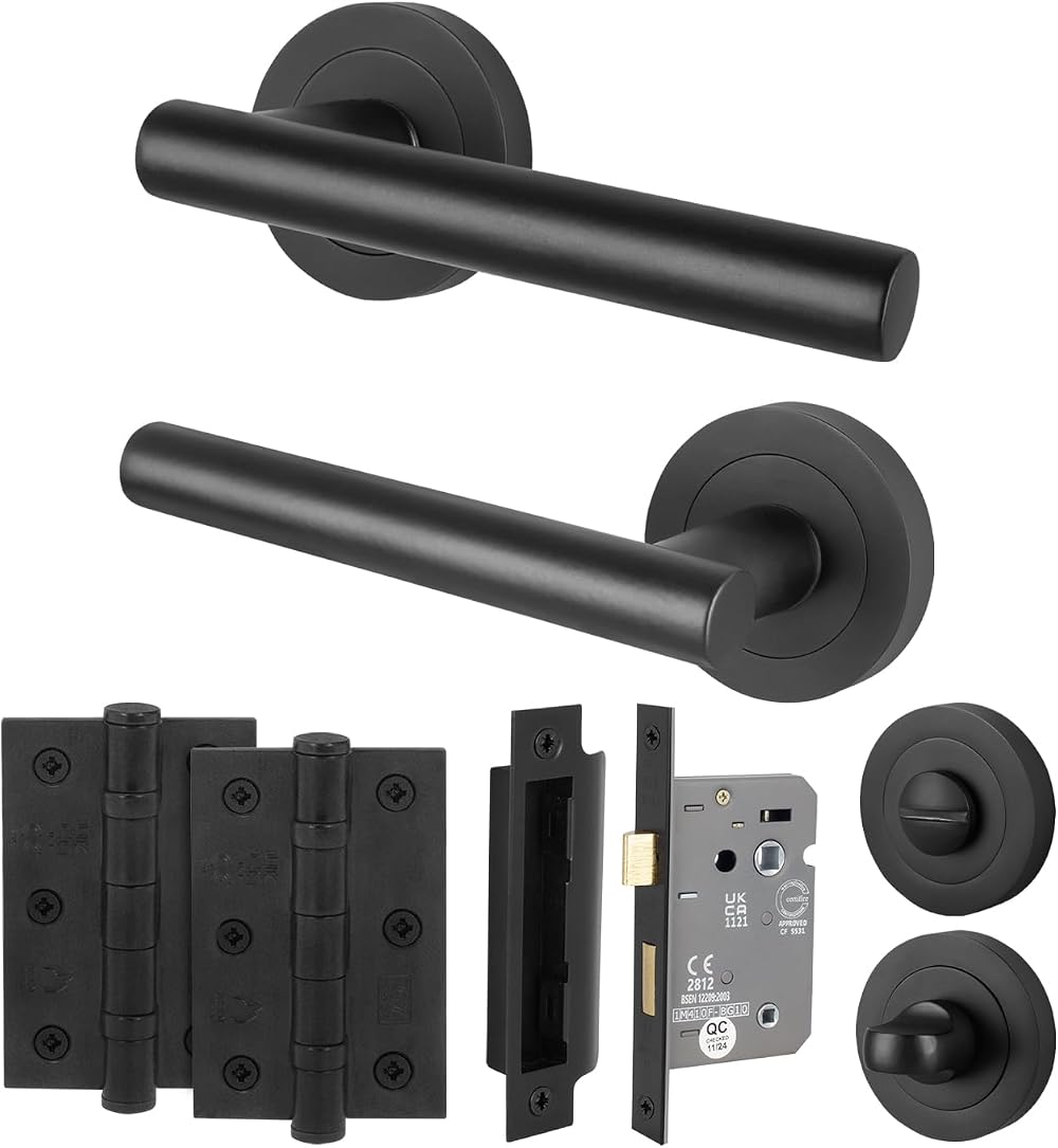 EAI Oliena Black Door Handles with Lock Set 1 Pair 64mm Hinges 54mm Rose