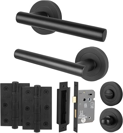 EAI Oliena Black Door Handles with Lock Set 1 Pair 64mm Hinges 54mm Rose