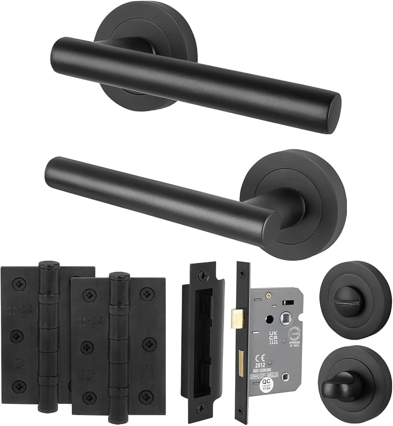 EAI Oliena Black Door Handles with Lock Set 1 Pair 64mm Hinges 54mm Rose