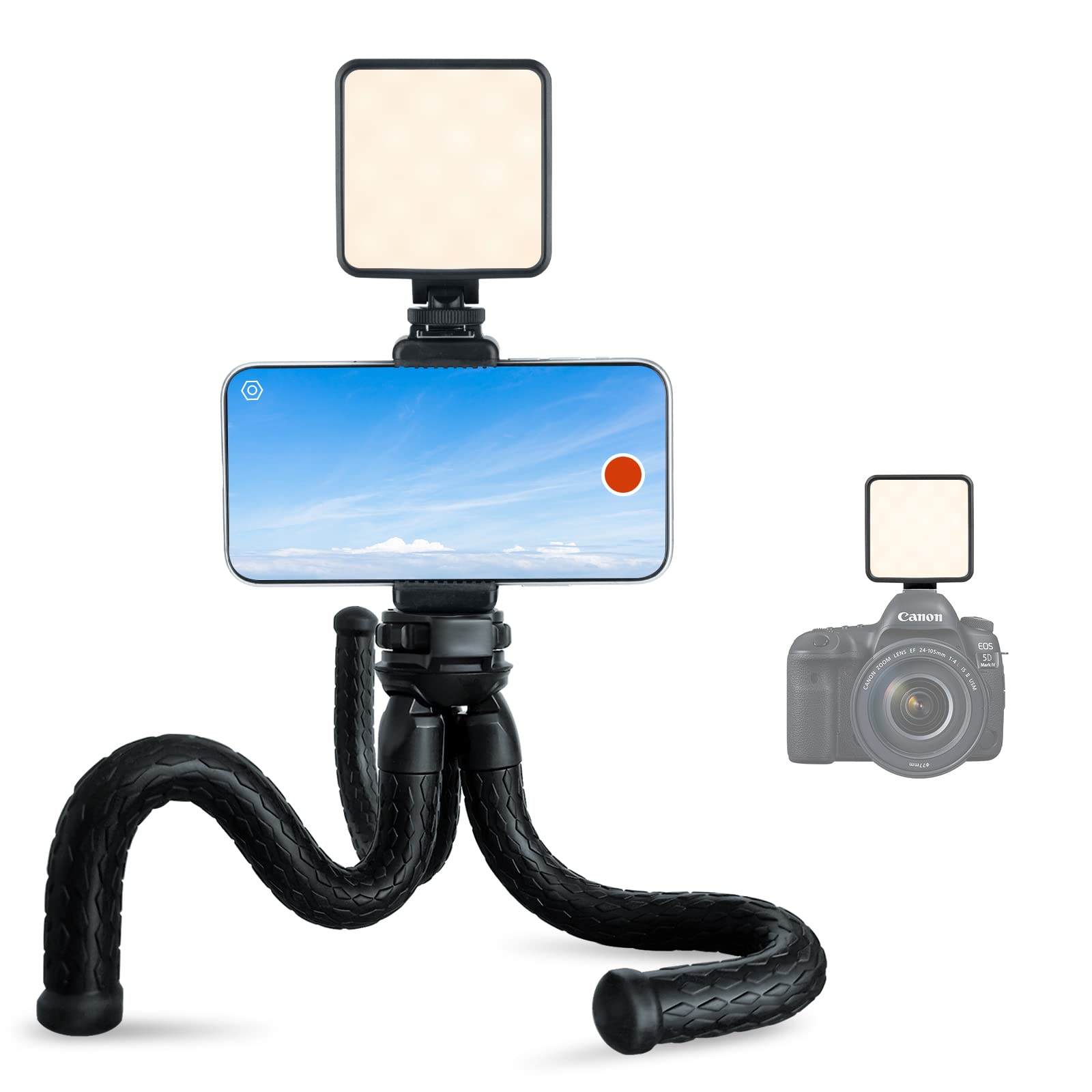 Fotopro Flexible Tripod with LED Video Light, Phone Camera with Phone Mount Cold Shoe, Portable Compact Mini Tripod for Travel Vlog Live