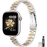 WFEAGL Slim Metal Watch Band Compatible with Apple Watch 38mm 40mm 41mm 42mm(Series 11 10), Dressy Stainless Steel Strap for Women iWatch Bands Series10/9/8/7/6/5/4/3/2/1/SE (Silver+Gold)