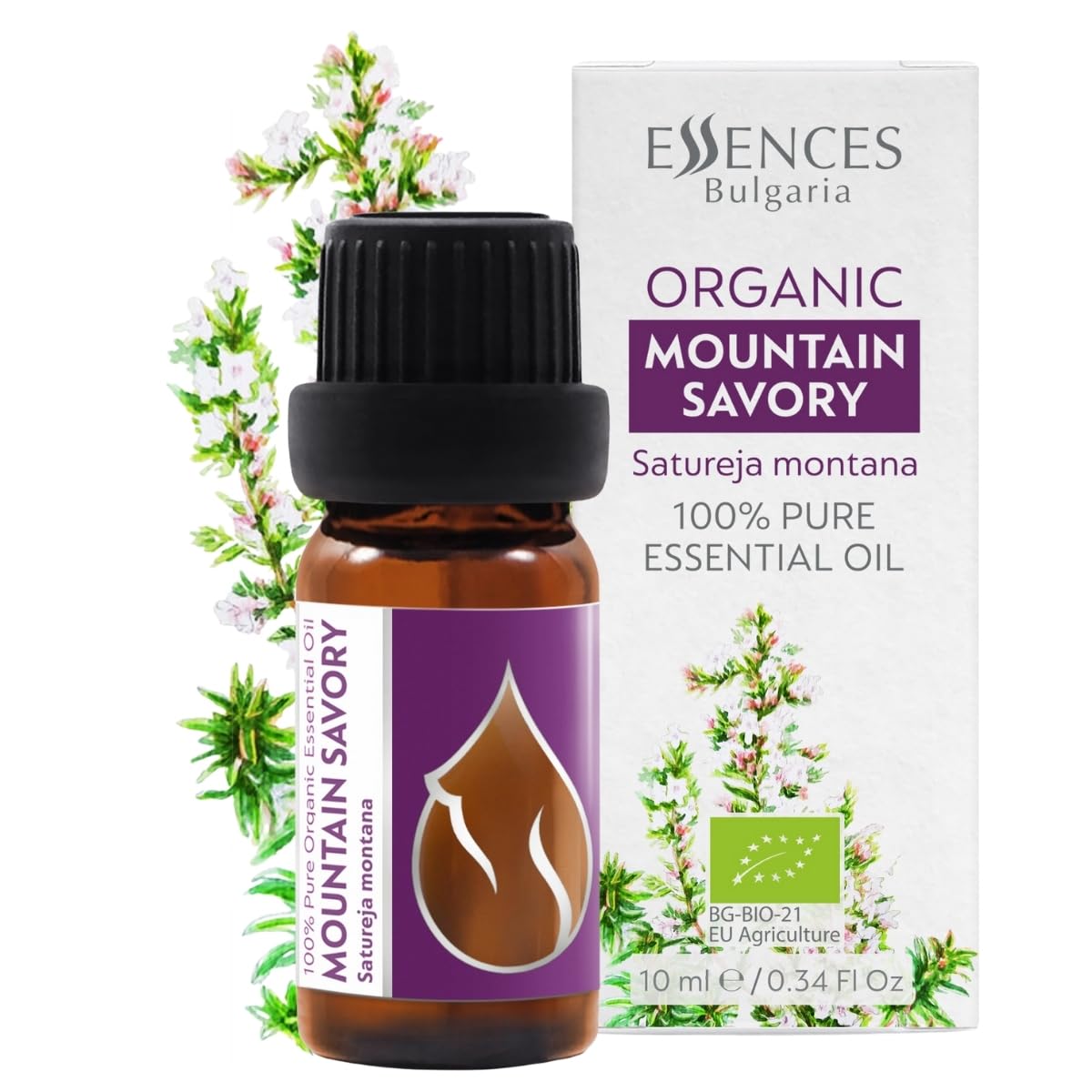 Essences Bulgaria Organic Mountain Savory Essential Oil 10ml | Satureja Montana | 100% Pure and Natural | Undiluted | Therapeutic Grade | Family Owned Farm | Steam-Distilled | Non-GMO | Vegan