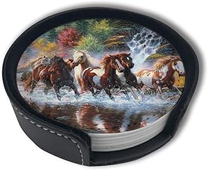 American Indians Horses Drinks Coasters With Holder, Suitable For Kinds Of Cups, Set Of 6
