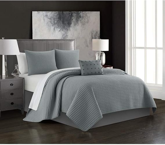 4 Piece Striped Box Stitched Quilted Charcoal Grey Quilt