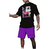 VIPWOLF Men's Track Suit 2 Piece Set Short Sleeve Graphic Tees & Drawstring Waist Shorts Casual Outfits