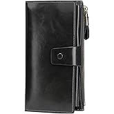 Itslife Womens Wallet RFID Blocking Large Capacity Luxury Wax Genuine Leather Wallets Clutch Wallet Ladies Card holder, Black