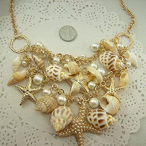 Lxbin Sweet Chunky Gold Tone Sea Shell Starfish Pearl Sweater Necklace (Size: One Size, Color: Gold)gifts