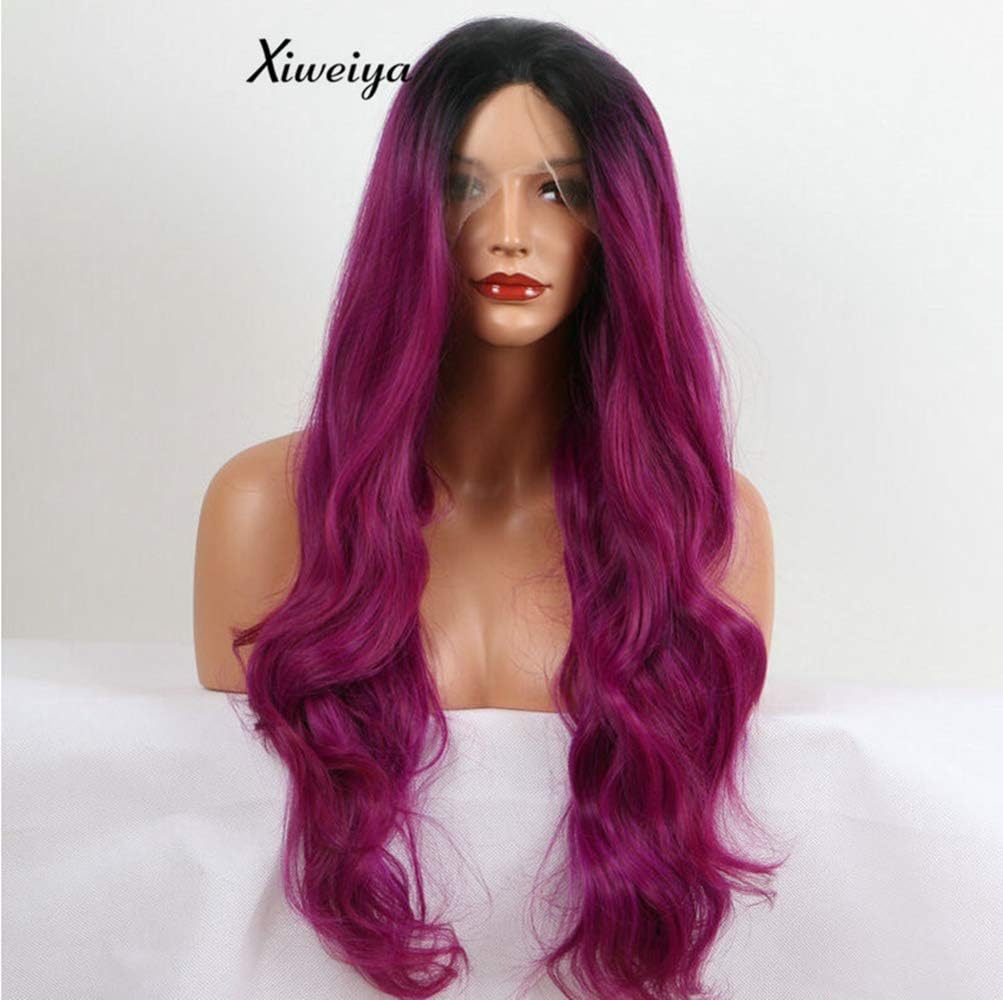 Xiweiya Wigs Synthetic Purple Lace Front Wigs Long Body Wave With Dark Roots Ombre Lace Synthetic Purple Wigs Heat Resistant Fiber Long Purple Wigs