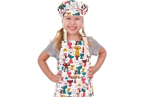 CRJHNS Kids Apron and Chef Hat Set, Adjustable Cotton Child Toddler Aprons with Pocket, Black Girls Boys Kitchen Bib Aprons f