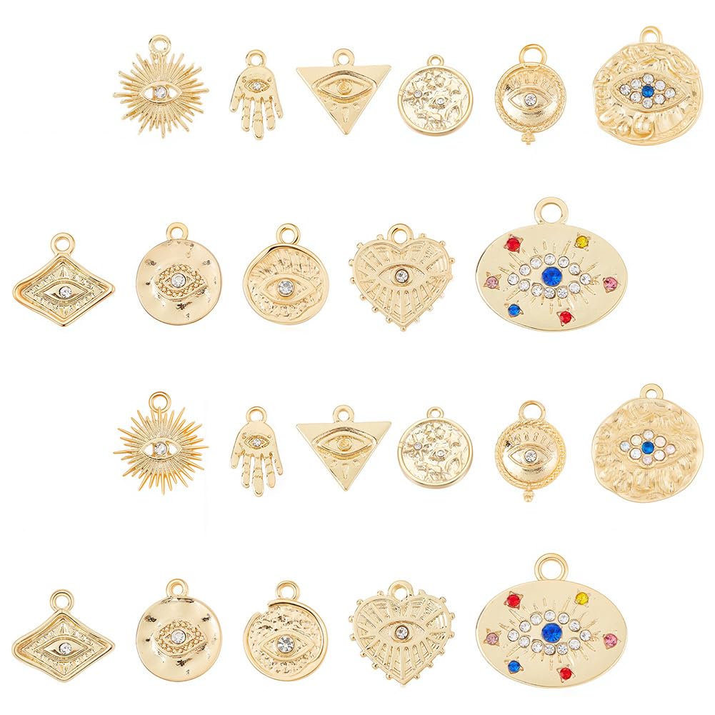 SUNNYCLUE 1 Box 22Pcs 18K Gold Plated Evil Eye Charms Bulk Alloy Rhinestone Evil Eye Hamsa Hand Connectors Link Charm Pendant Jewelry Findings for Earring Bracelet Necklace Anklets Jewelry Making