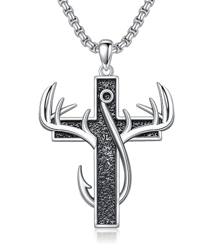 PROESS Cross Antler Necklace for Men 925 Sterling Silver Hunting Deer Duck Pendant Necklace Cross Hunting Jewelry Gifts for Father Son
