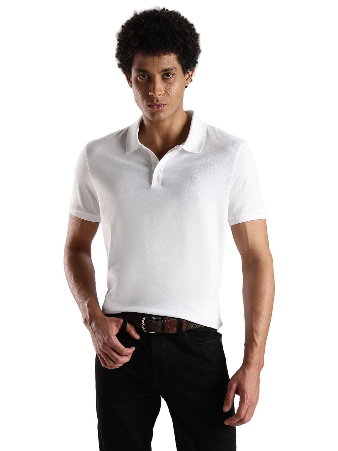 Calvin Klein Men's Smooth Cotton Monogram Logo Polo Shirt Bright White Image
