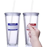 Cupture Classic Insulated Double Wall Tumbler Cup with Lid, Reusable Straw & Hello Name Tags - 24 oz, 2 Pack (clear)