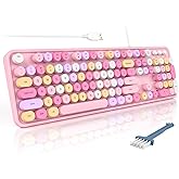 MOFII Wired Full Size USB Keyboard, Colorful Retro Round Typewriter Keyboard with Foldable Stands for Windows PC Laptop (Pale Pink)