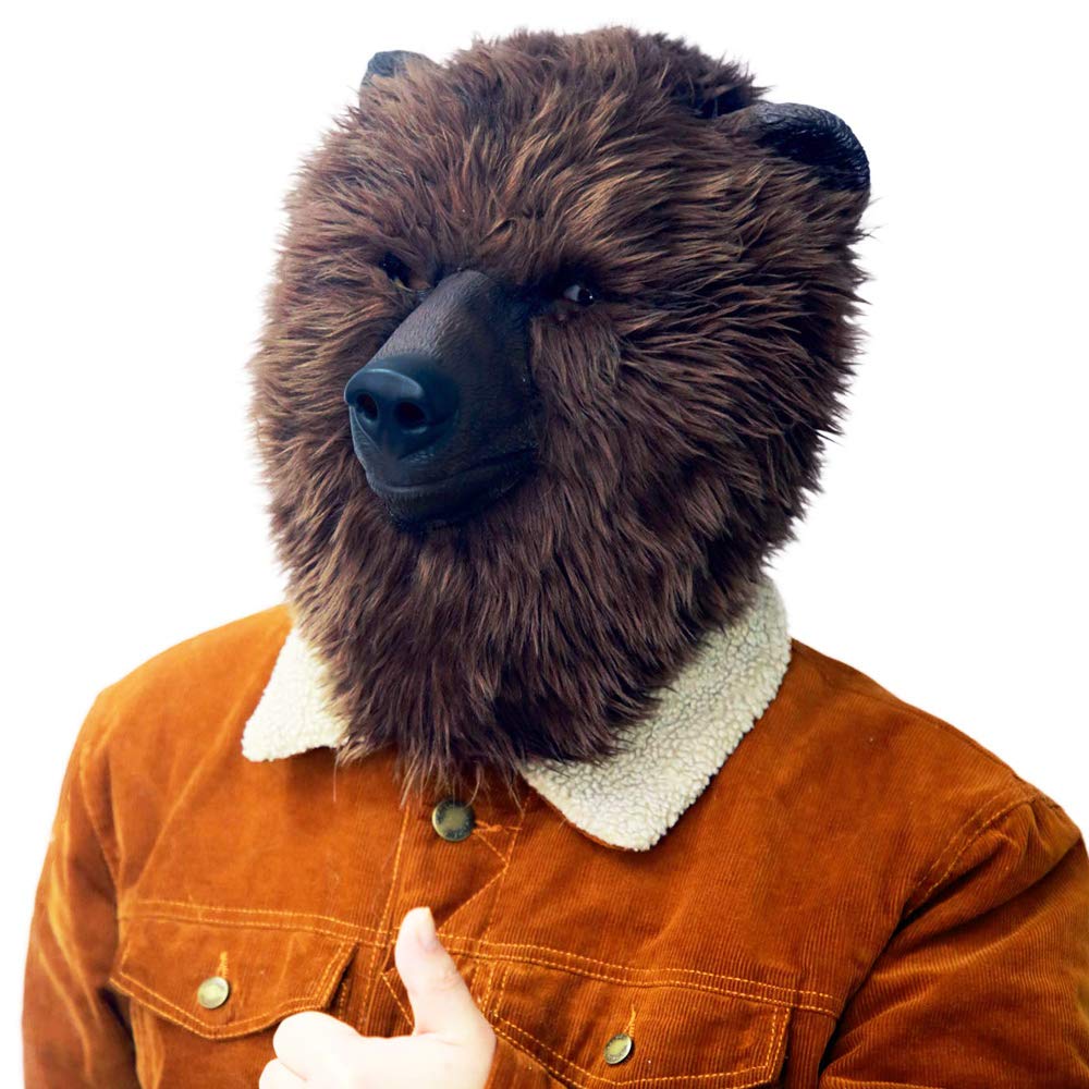 PartyHop Plush Brown Bear Mask Animal Latex Full Head Realistic Masks For Halloween Carnival Costume Party