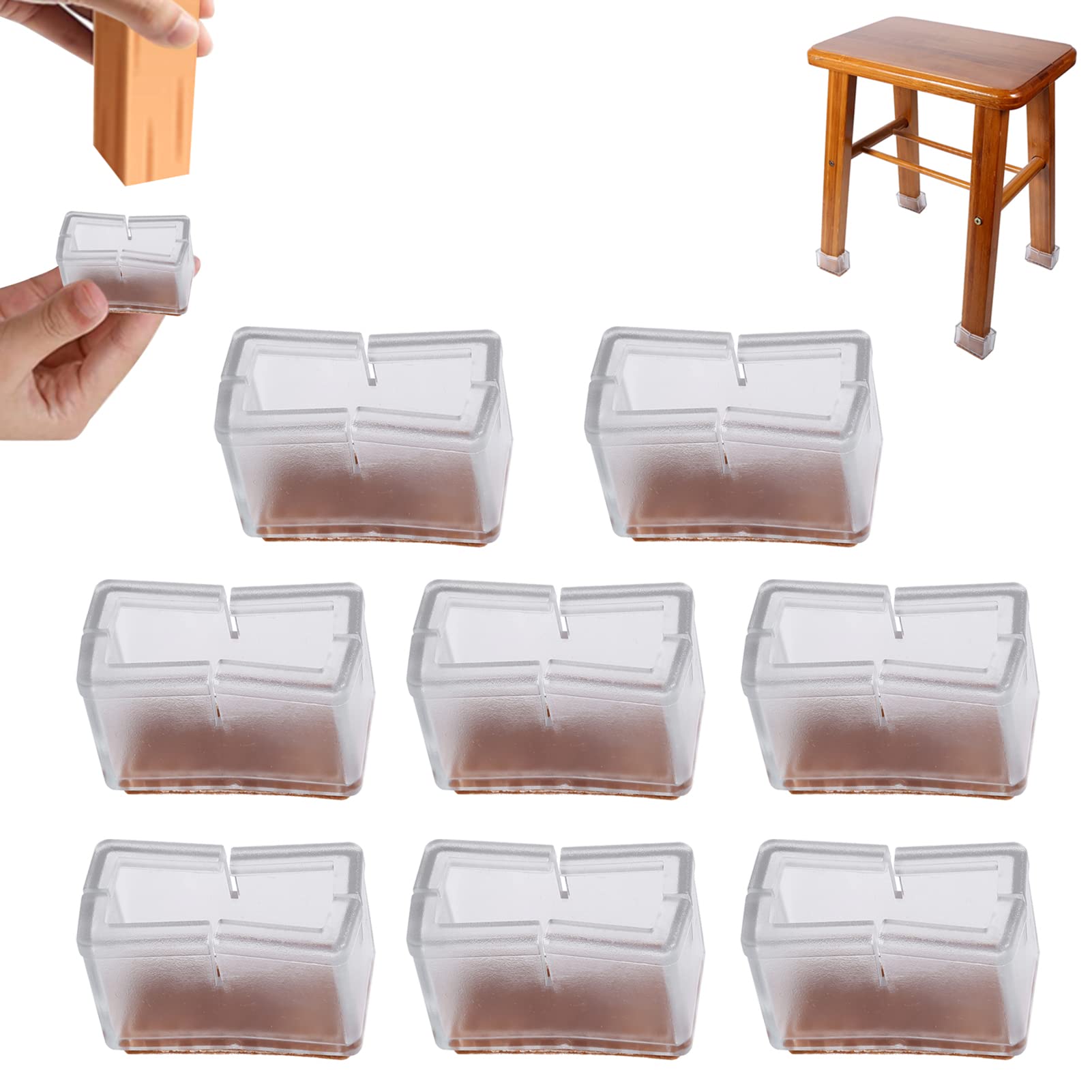 Agatige 8pcs Chair Leg Caps, Rectangle Chair Leg Floor Protectors Silicone Furniture Feet Pads Non-Slip Table Cover Floor Scratches Protectors with Felt Pads for 37mm-42mm Chair Cap