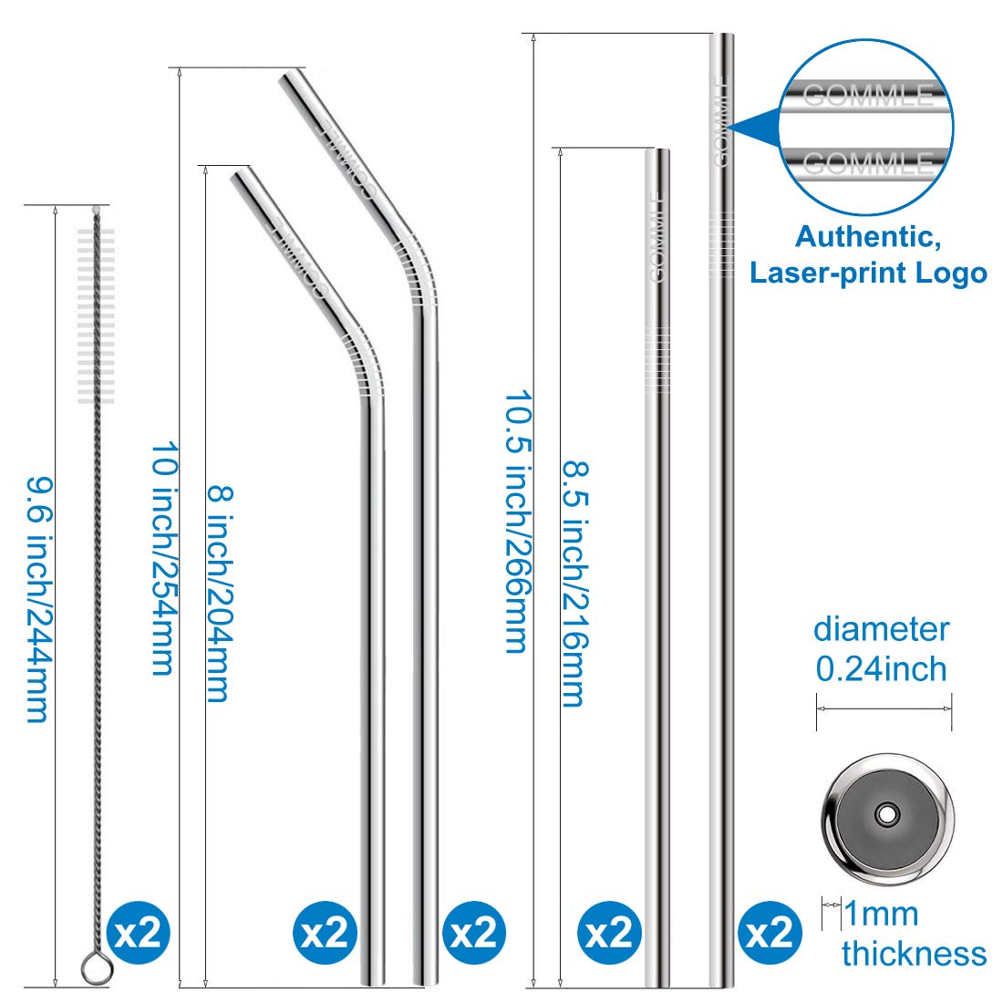 Stainless Steel Straws FDA Approval, GOMMLE Reusable Metal Drinking Straws, 10.5\
