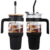 chunmo 40 oz Glass Tumbler with 2 Lids-Bamboo Straw Lid & 2-in-1 Sip and Flip Straw Lid,Iced Coffee Cup with Handle, Glass Water Bottles with Silicone Sleeve,Glass Cup with Straws, BPA Free-1 Pack