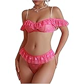 OYOANGLE Women's Heart Print Sheer Lingerie Set Pearl Beaded Ruffle Trim Bra and Panty Boudoir Outfits
