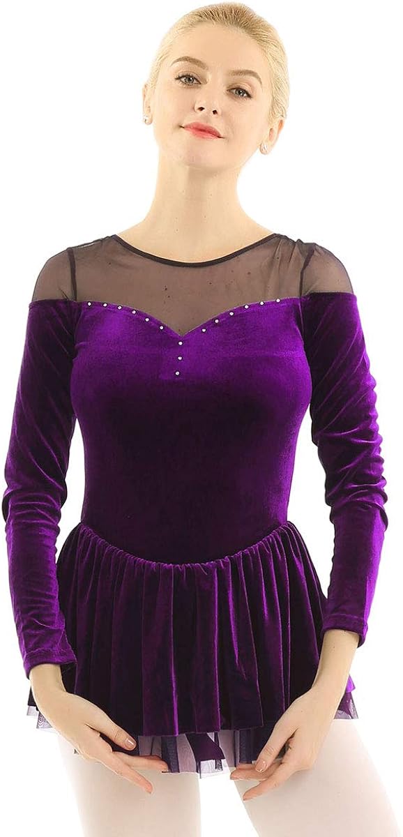 Agoky Women's Double Layer Mesh Shoulder Velvet Long Sleeve Dance Leotard Dress Figure Ice Skating Wrap Skirt: Clothing