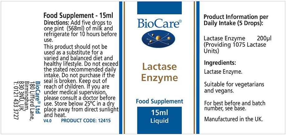 Biocare Lactase Enzyme Liquid 15ml: Health & Personal Care