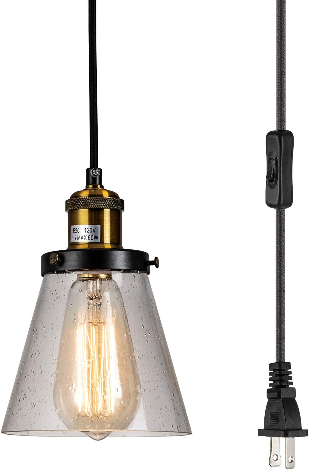 SYDTOP Modern Mini Pendant Light, Clear Seeded Glass Shade with 13Ft Plug in Cord and On/Off Switch, Adjustable Vintage Farmhouse Hanging Lamp for Kitchen Island Sink Counter Bar Loft