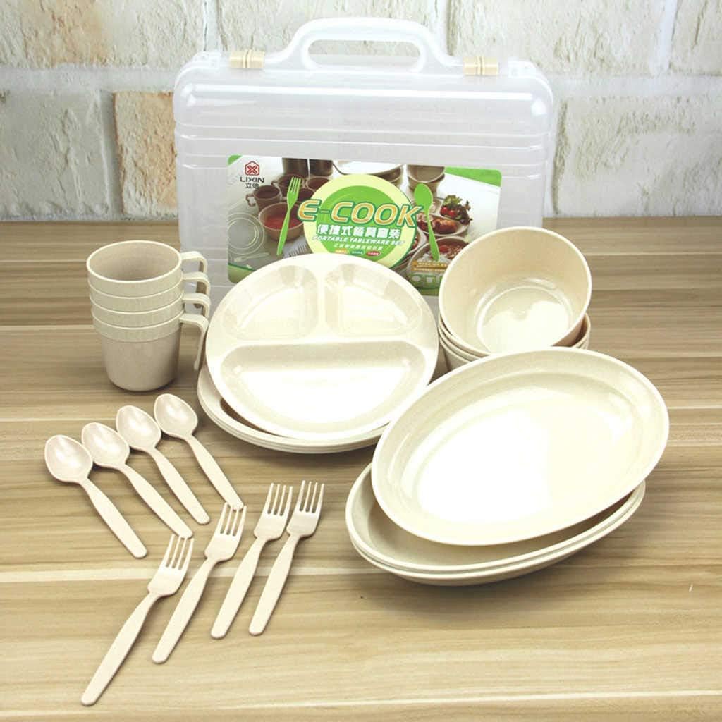 CANTROL 4 Person (24pcs) Outdoor Plastic Picnic Dining Utensils Set with Separator Plate, Bowls, Forks, Spoons,Cups, Oval Plate, Tableware Set