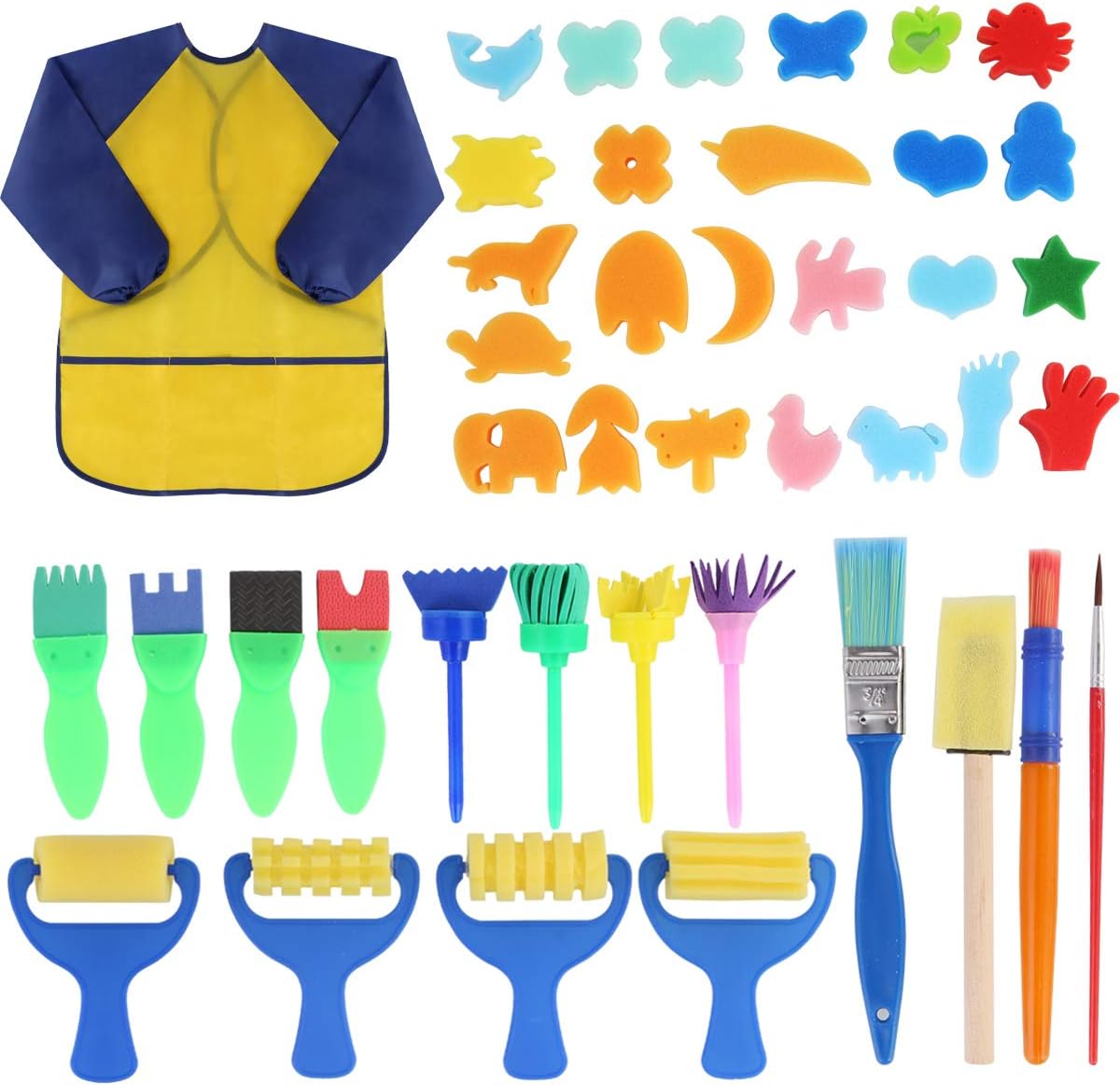 Yolispa 42pcs Kids Painting Kits Brushes Sponge Drawing Set Waterproof Apron for Children DIY Drawing Set